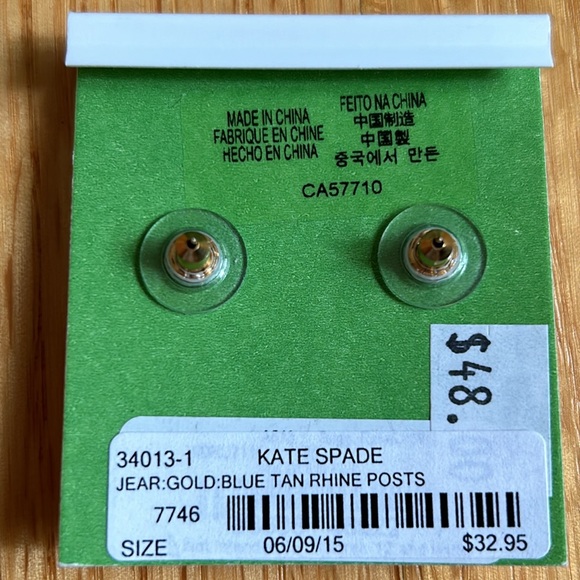 NWT Kate Spade Gold Tone Post Earrings w Aqua Blue, Pale Green & Tan Rhinestones - Picture 4 of 7